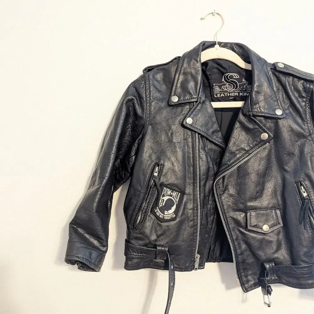 Leather King Black Cropped Patched Leather Moto Biker Jacket Size XXXL
